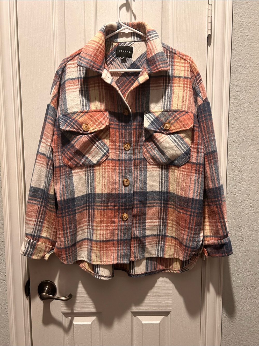 Timing Plaid Button-Down Shirt Jacket in Rust, Navy & Cream